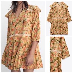 Zara peasant warm colours floral ruffles and lace low wasted mini dress NWT